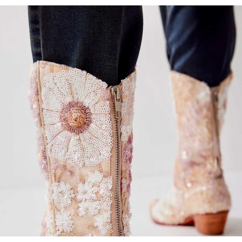 Free People MOMO Selina Embellished Boot Floral Sequin Cream Nude Zip - Picture 10 of 10